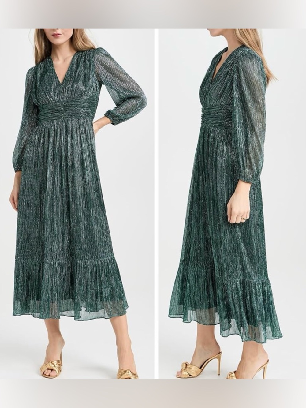 Shoshanna Clara Metallic Teal Crinkle Chiffon Long Sleeve Midi Dress Green sz 0